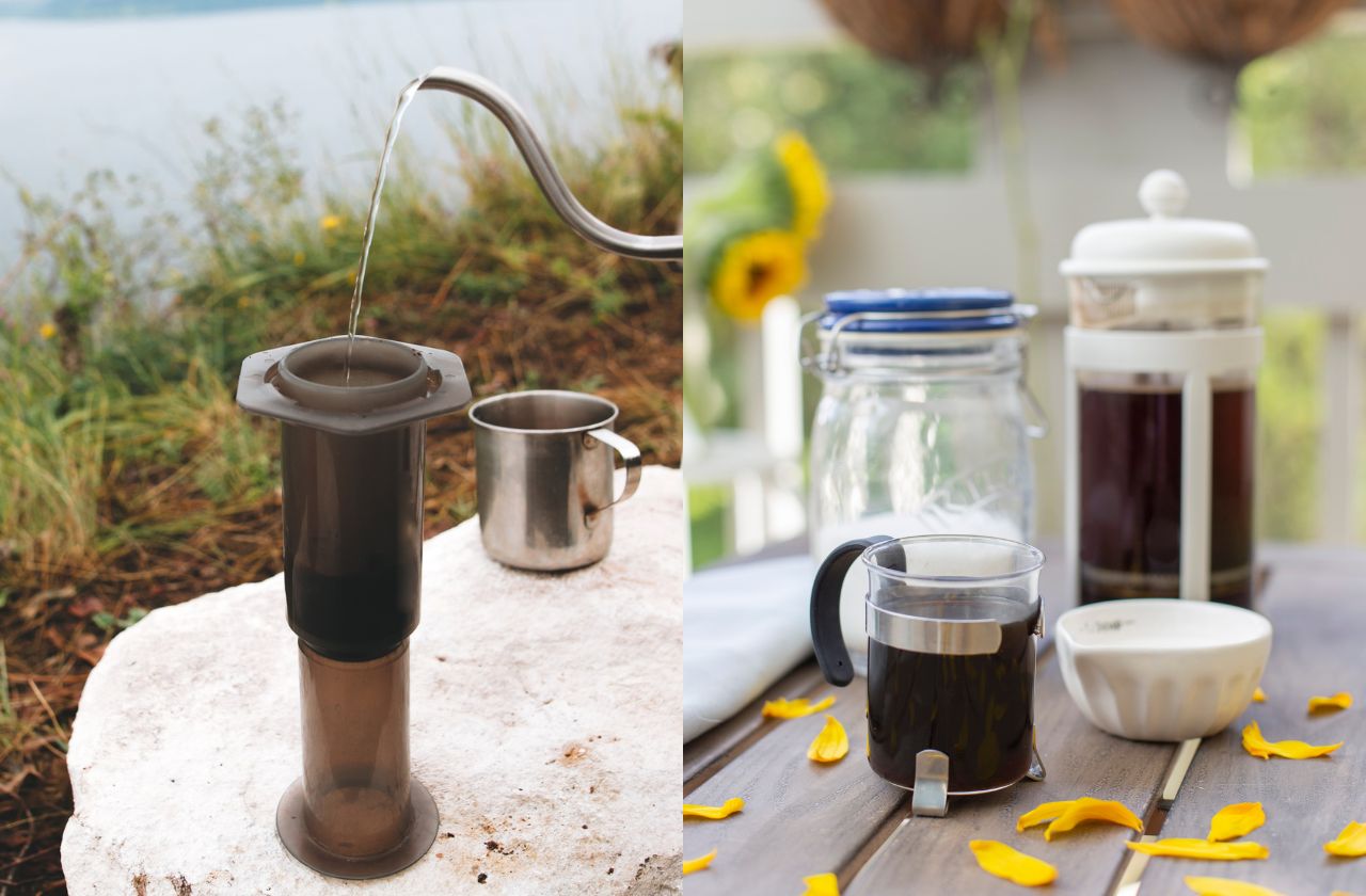 Aeropress and French press coffee makers in the outdoors